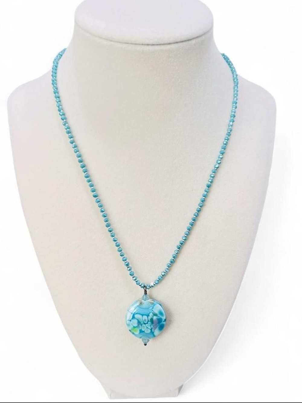 Aqua Turquoise Glass Beaded Necklace Round Artisan Lamp-work Pendant Boho
